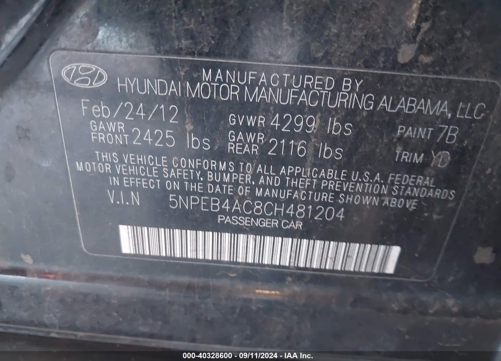 2012 HYUNDAI SONATA VIN: 5NPEB4AC8CH481204