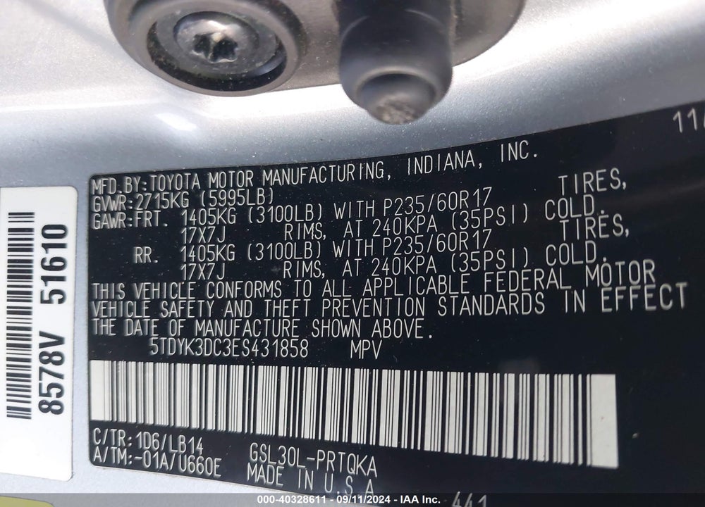 2014 TOYOTA SIENNA XLE V6 8 PASSENGER VIN: 5TDYK3DC3ES431858