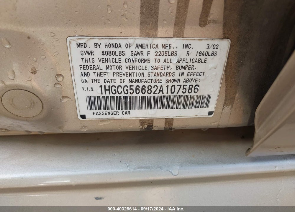2002 HONDA ACCORD 2.3 EX VIN: 1HGCG56682A107586
