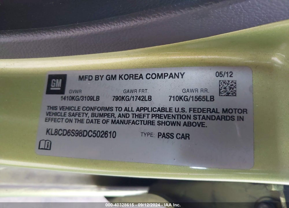 2013 CHEVROLET SPARK 1LT AUTO VIN: KL8CD6S98DC502610