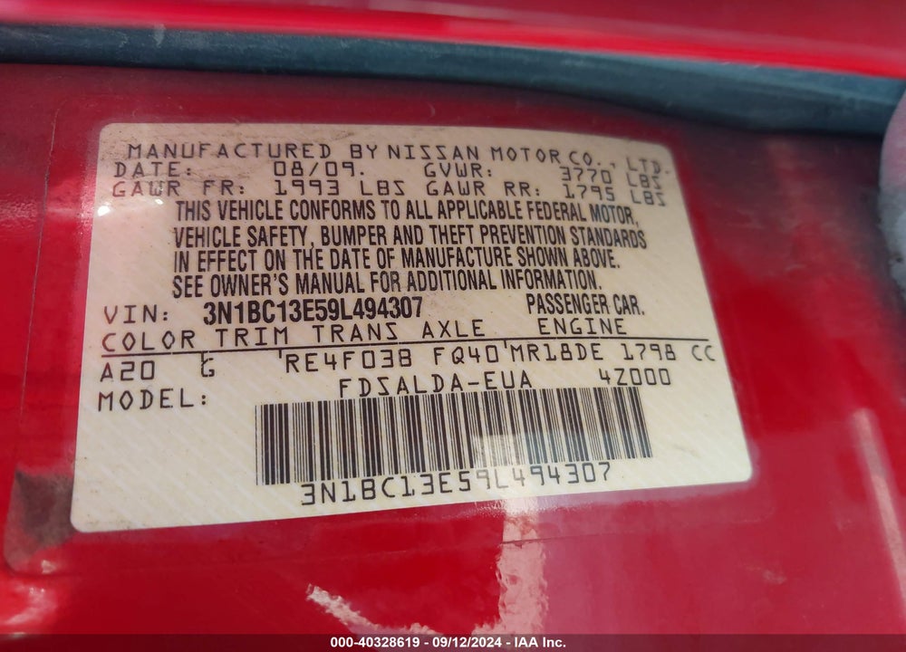 2009 NISSAN VERSA 1.8S VIN: 3N1BC13E59L494307