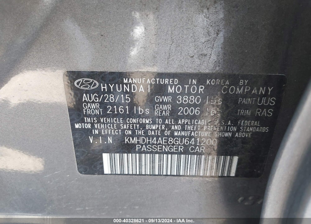 2016 HYUNDAI ELANTRA SE VIN: KMHDH4AE8GU641200