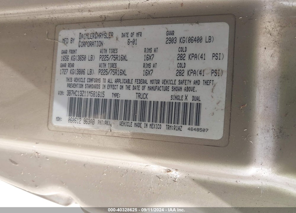 2001 DODGE RAM 1500 ST VIN: 3B7HC13Z11M581615