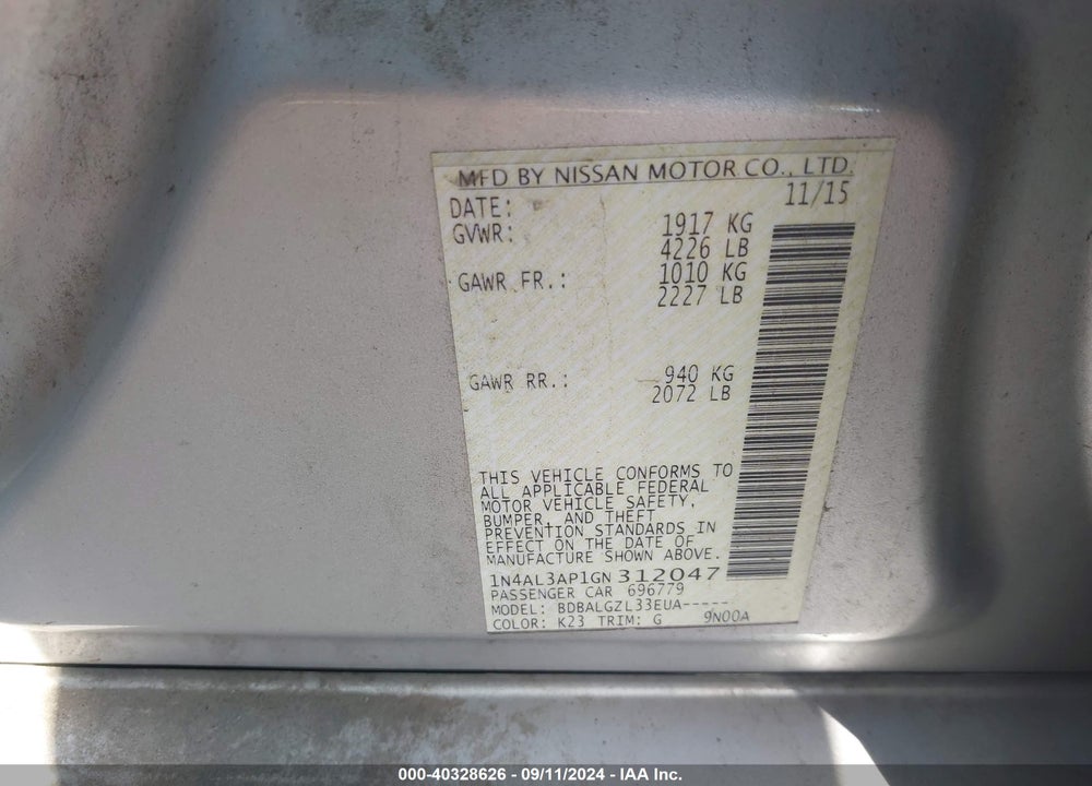 2016 NISSAN ALTIMA 2.5/2.5 S/2.5 SL/2.5 SR/2.5 SV VIN: 1N4AL3AP1GN312047