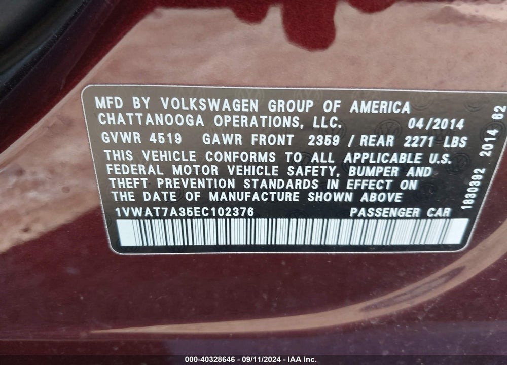2014 VOLKSWAGEN PASSAT 1.8T WOLFSBURG EDITION VIN: 1VWAT7A35EC102376
