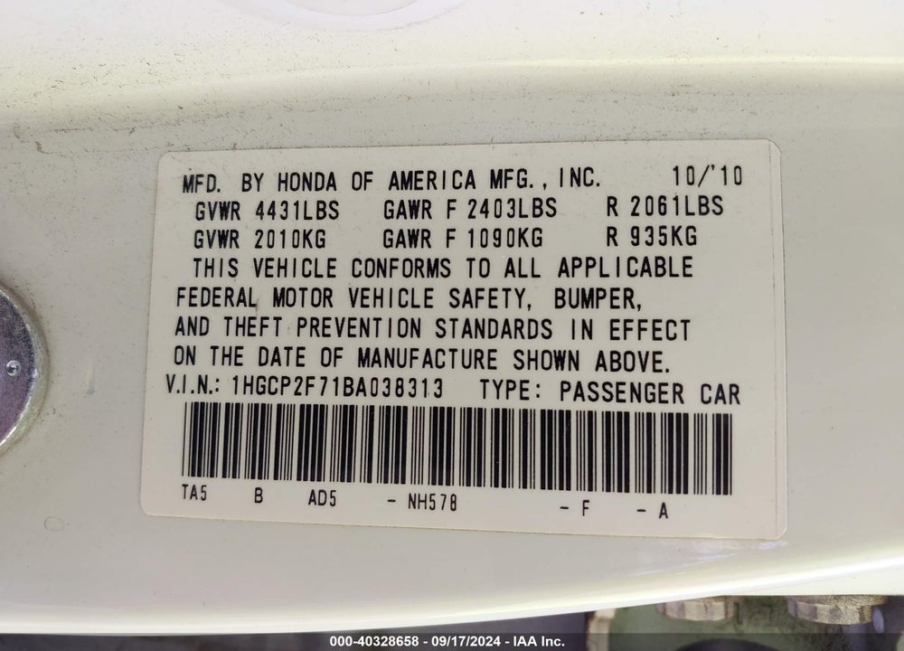 2011 HONDA ACCORD 2.4 EX VIN: 1HGCP2F71BA038313