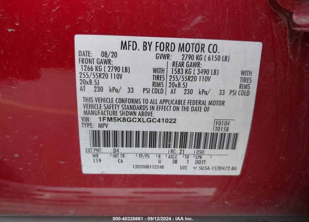 2020 FORD EXPLORER ST VIN: 1FM5K8GCXLGC41022