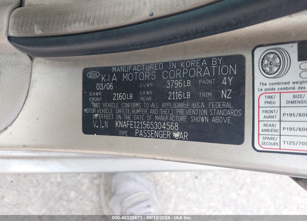 2006 KIA SPECTRA EX/LX/SX VIN: KNAFE121565304568