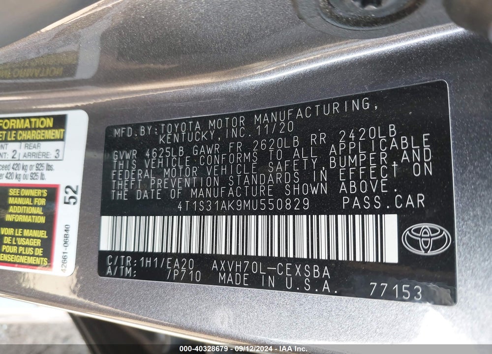 2021 TOYOTA CAMRY SE HYBRID VIN: 4T1S31AK9MU550829