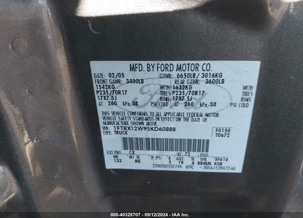 2005 FORD F-150 STX/XL/XLT VIN: 1FTRX12W95KD60888