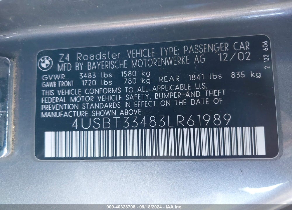 2003 BMW Z4 2.5I VIN: 4USBT33483LR61989