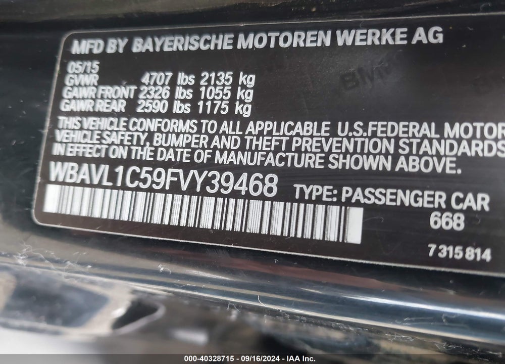 2015 BMW X1 VIN: WBAVL1C59FVY39468
