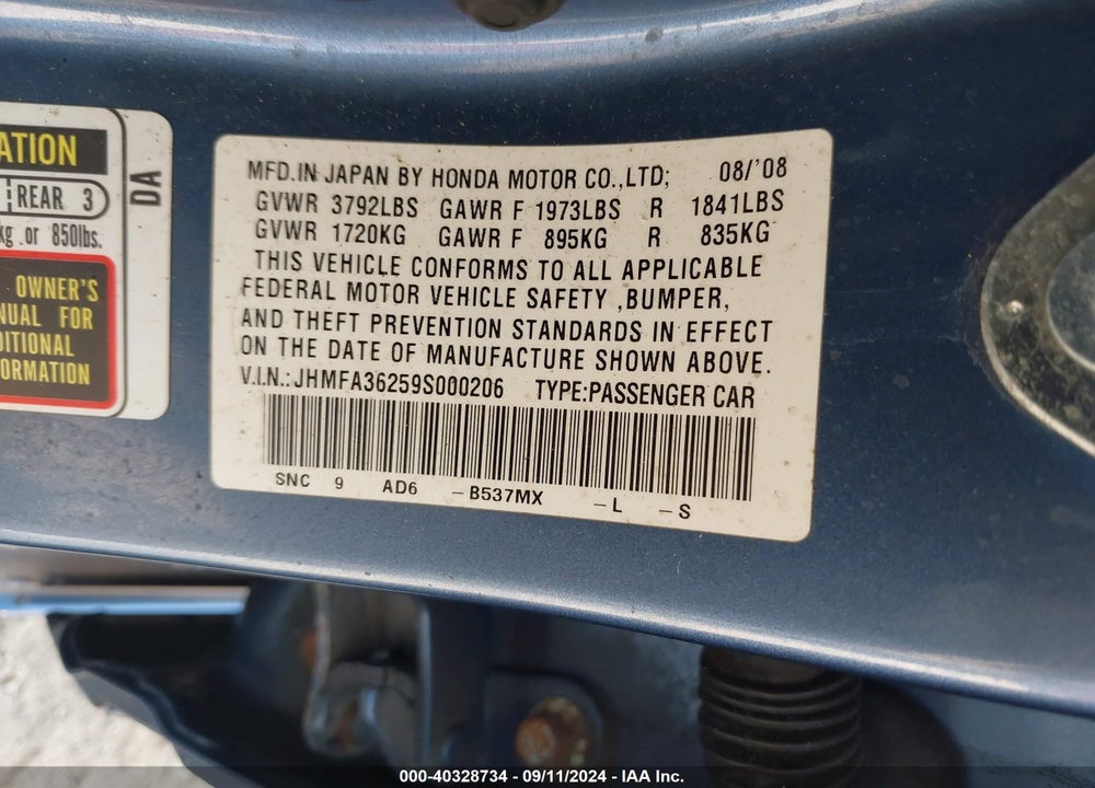 2009 HONDA CIVIC HYBRID VIN: JHMFA36259S000206