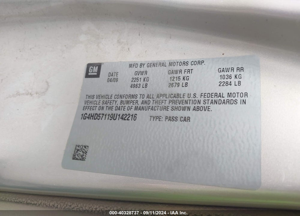2009 BUICK LUCERNE CXL-3 VIN: 1G4HD57119U142216