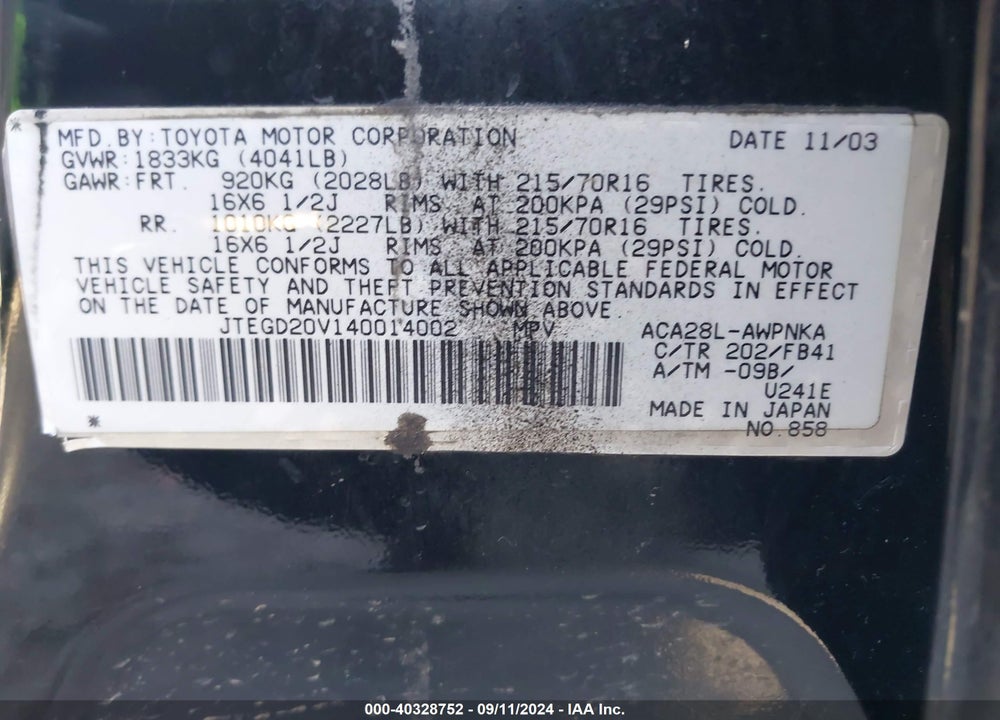 2004 TOYOTA RAV4 VIN: JTEGD20V140014002