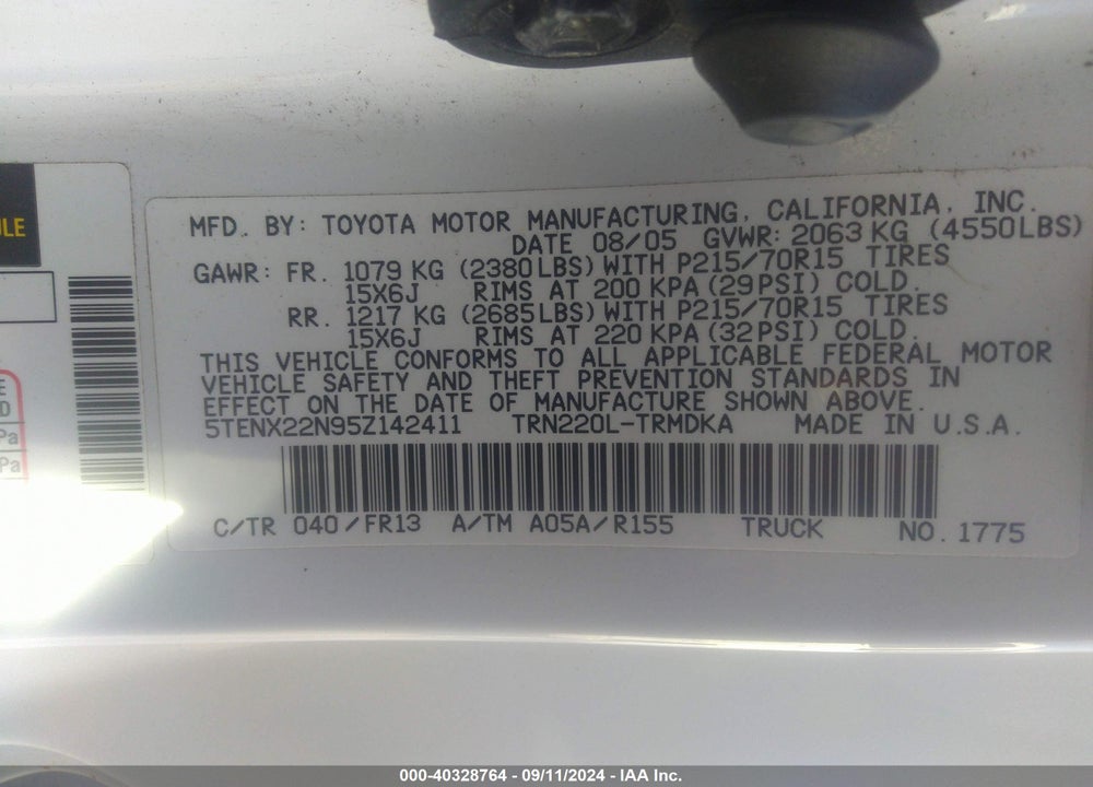 2005 TOYOTA TACOMA VIN: 5TENX22N95Z142411