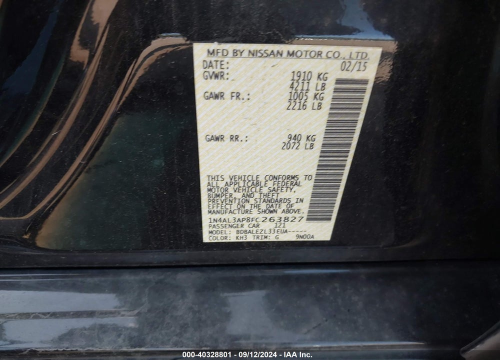 2015 NISSAN ALTIMA 2.5/2.5 S/2.5 SL/2.5 SV VIN: 1N4AL3AP8FC263827