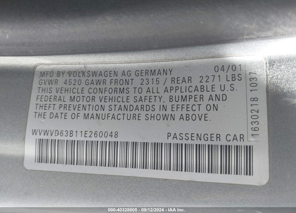 2001 VOLKSWAGEN PASSAT GLS VIN: WVWVD63B11E260048