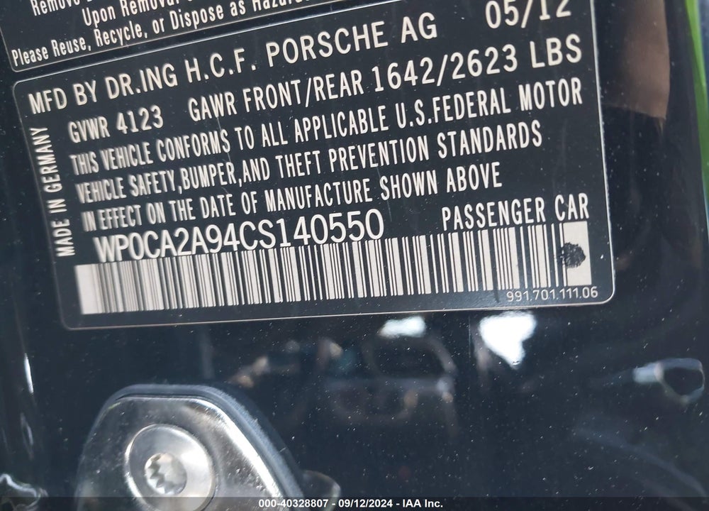 2012 PORSCHE 911 CARRERA VIN: WP0CA2A94CS140550