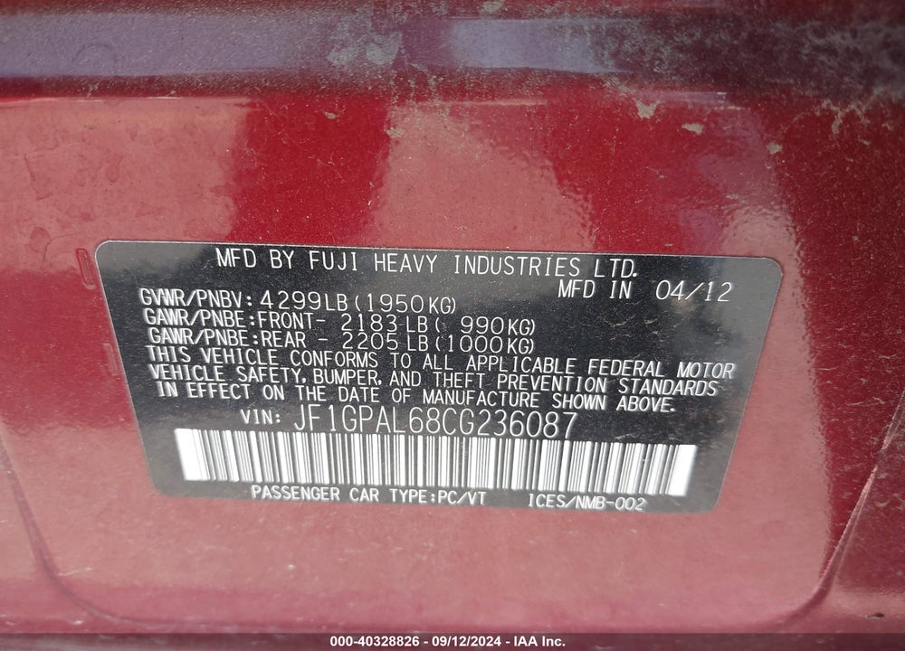 2012 SUBARU IMPREZA 2.0I SPORT PREMIUM VIN: JF1GPAL68CG236087