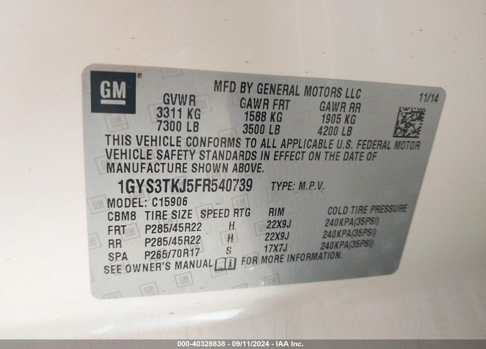 2015 CADILLAC ESCALADE ESV PREMIUM VIN: 1GYS3TKJ5FR540739