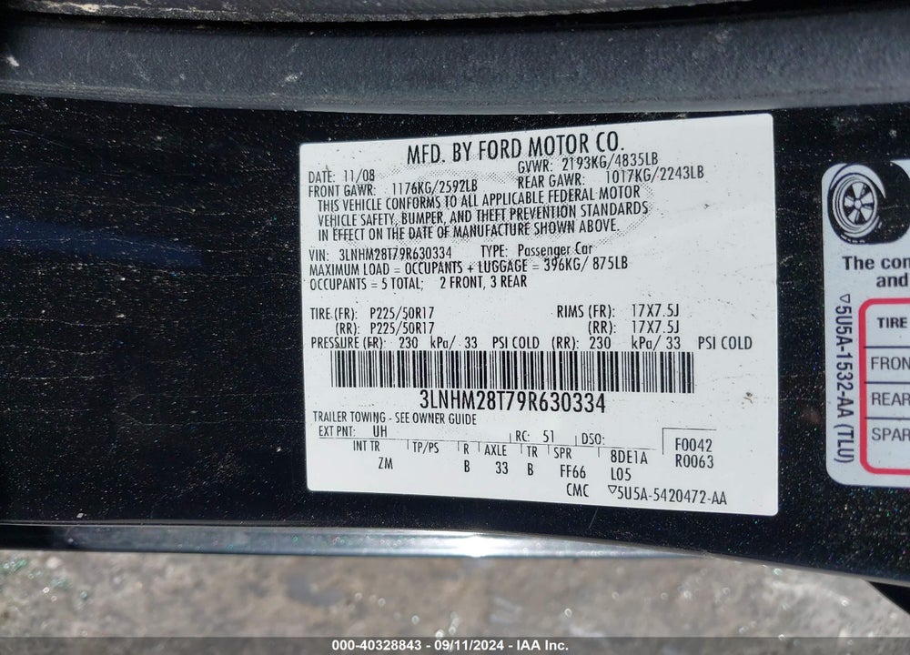 2009 LINCOLN MKZ VIN: 3LNHM28T79R630334