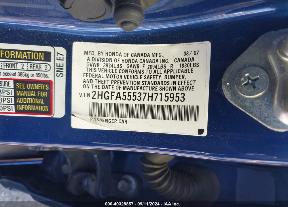 2007 HONDA CIVIC SI VIN: 2HGFA55537H715953