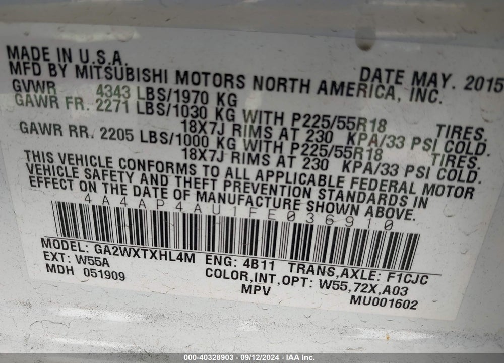 2015 MITSUBISHI OUTLANDER SPORT SE VIN: 4A4AP4AU1FE036910