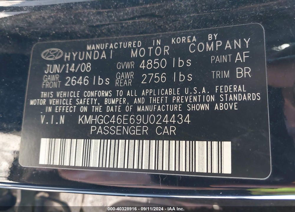 2009 HYUNDAI GENESIS 3.8 VIN: KMHGC46E69U024434