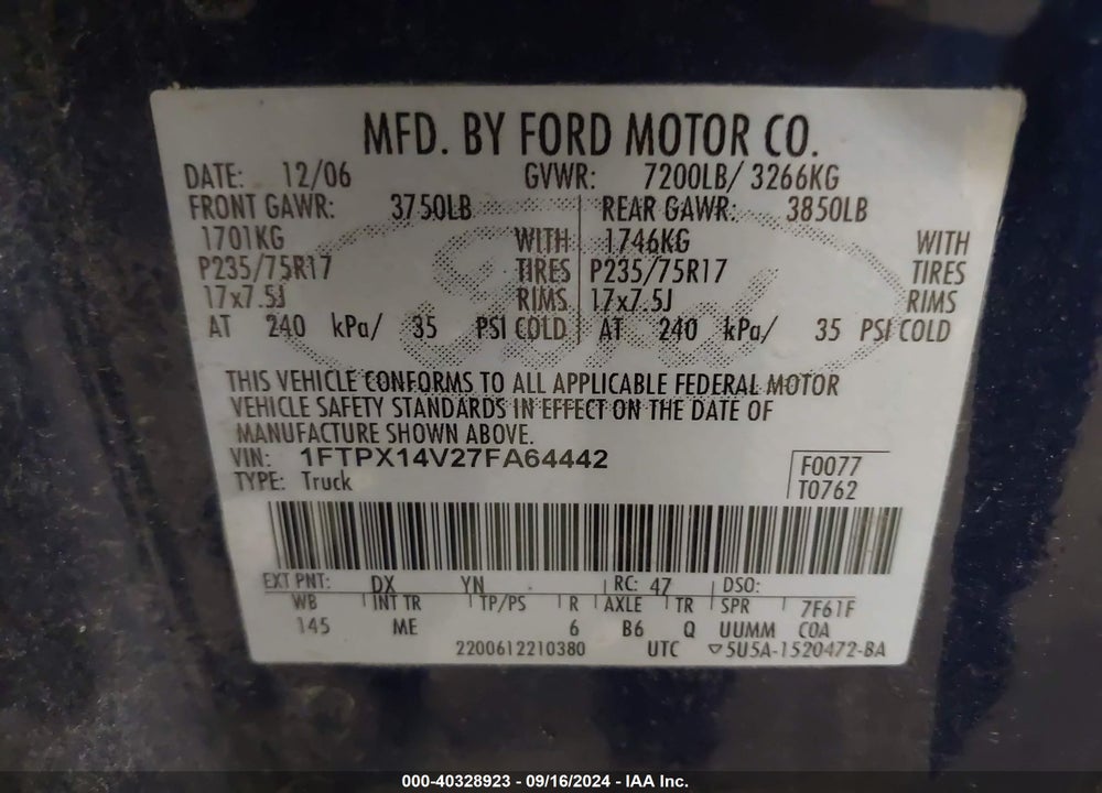 2007 FORD F-150 FX4/LARIAT/XL/XLT VIN: 1FTPX14V27FA64442