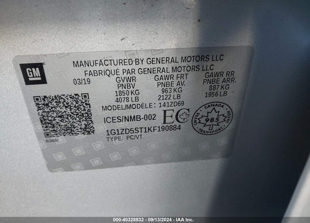 2019 CHEVROLET MALIBU LT VIN: 1G1ZD5ST1KF190884