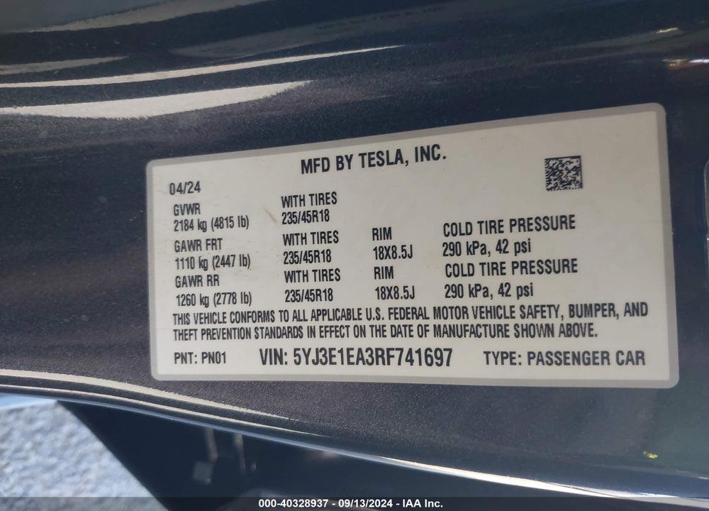 2024 TESLA MODEL 3 REAR-WHEEL DRIVE VIN: 5YJ3E1EA3RF741697