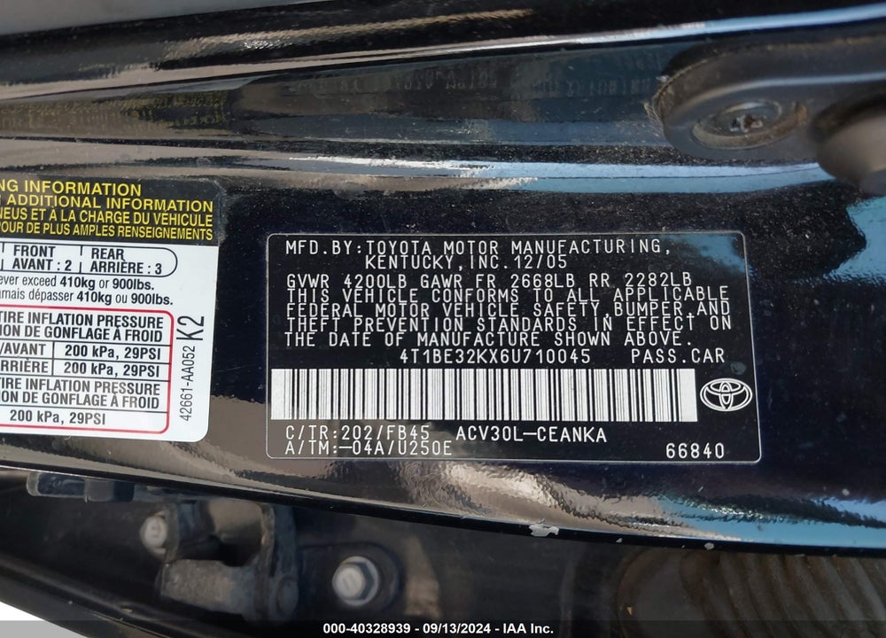 2006 TOYOTA CAMRY LE VIN: 4T1BE32KX6U710045