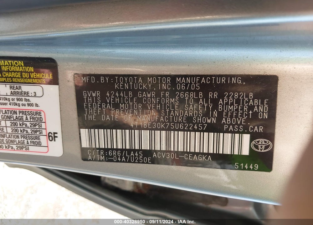 2005 TOYOTA CAMRY XLE VIN: 4T1BE30K75U622457