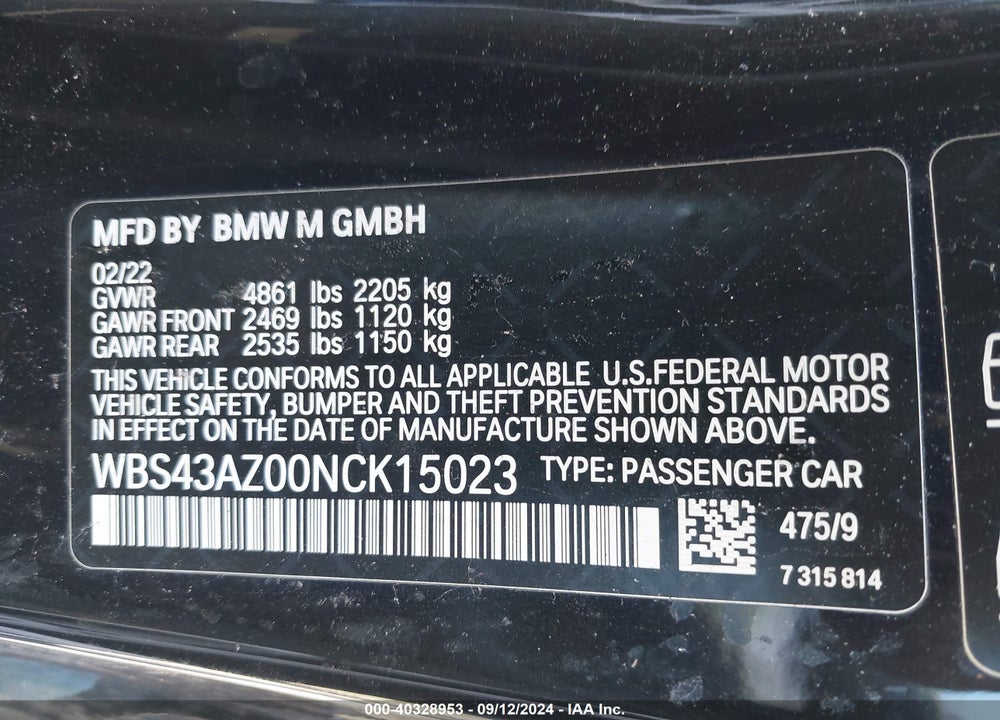 2022 BMW M4 COMPETITION XDRIVE VIN: WBS43AZ00NCK15023