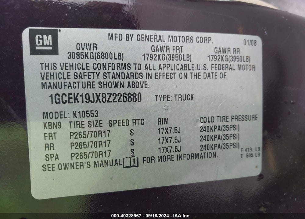2008 CHEVROLET SILVERADO 1500 LTZ VIN: 1GCEK19JX8Z226880