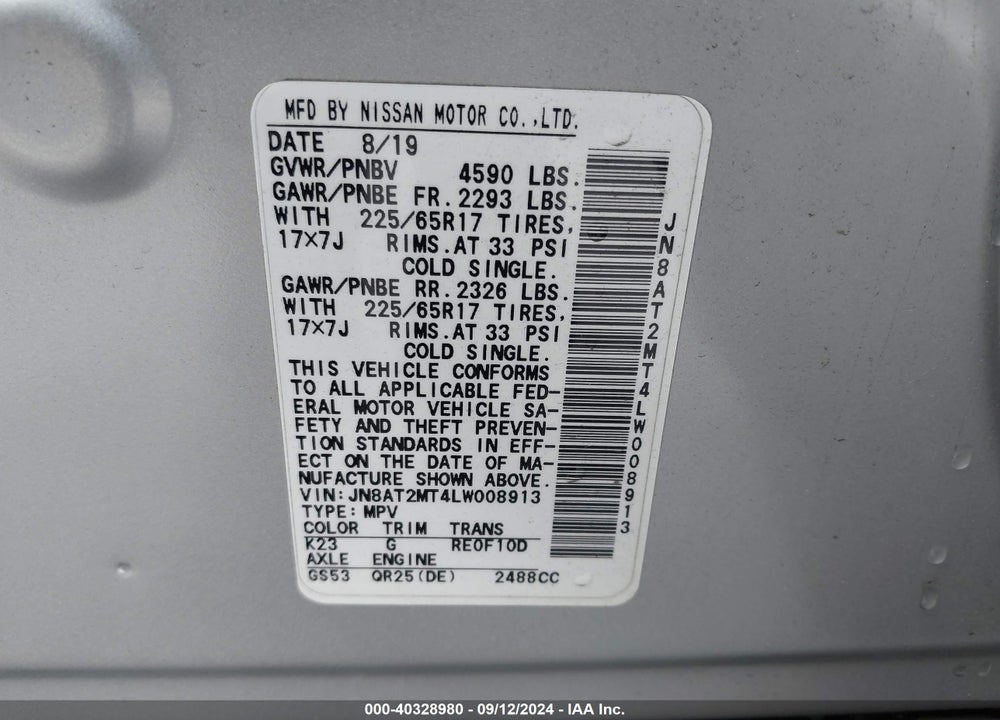 2020 NISSAN ROGUE SV FWD VIN: JN8AT2MT4LW008913