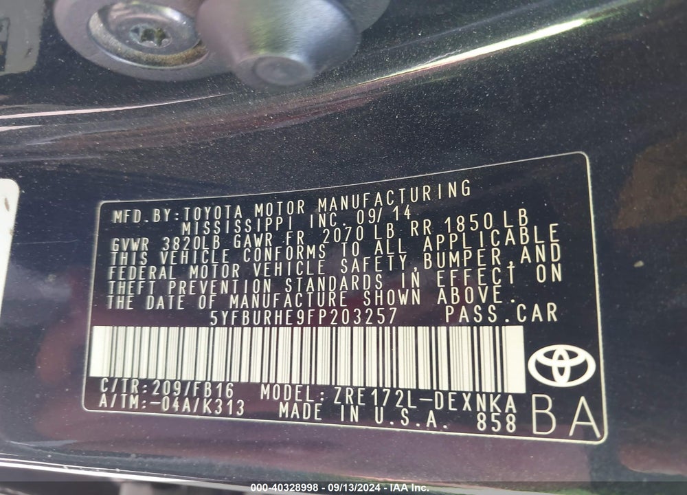 2015 TOYOTA COROLLA LE VIN: 5YFBURHE9FP203257