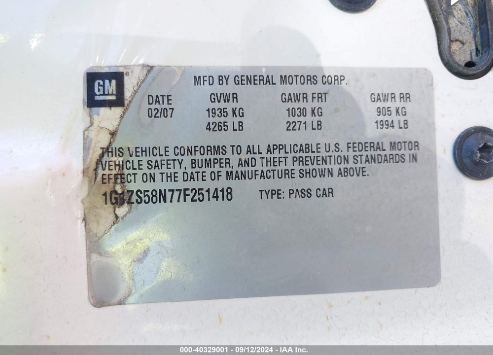 2007 CHEVROLET MALIBU LS VIN: 1G1ZS58N77F251418
