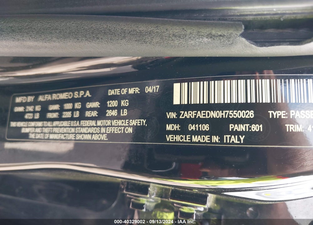 2017 ALFA ROMEO GIULIA AWD VIN: ZARFAEDN0H7550026