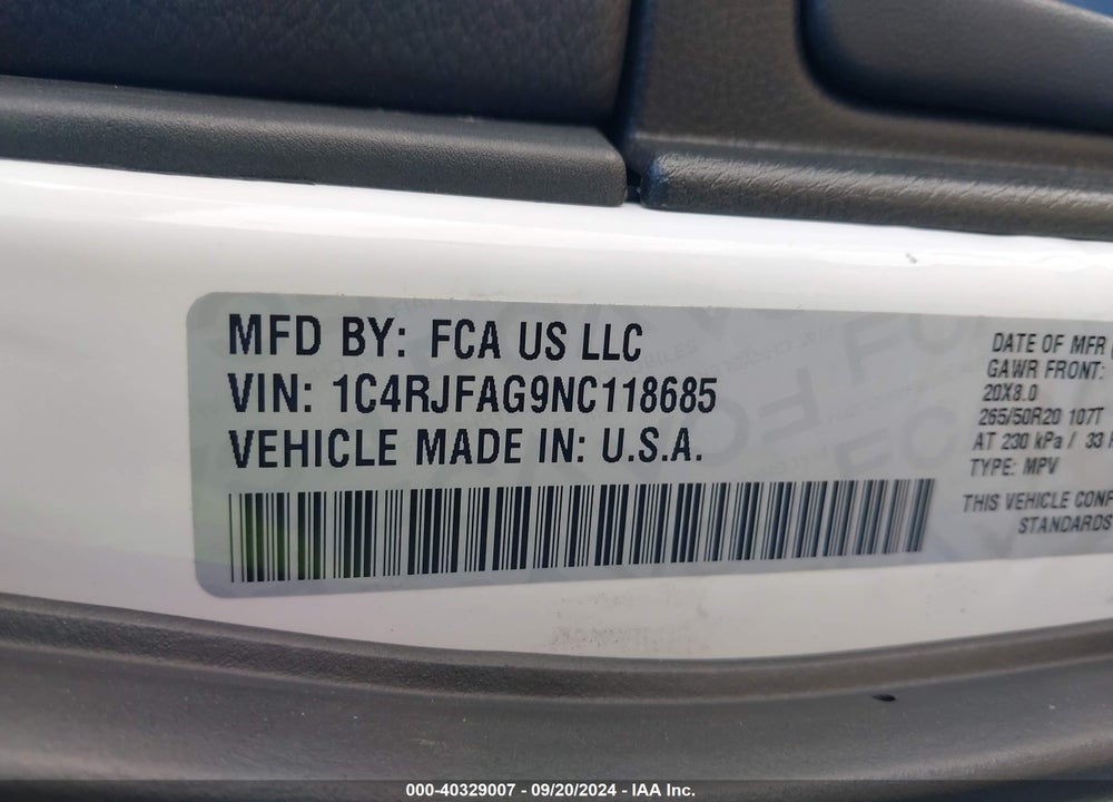 2022 JEEP GRAND CHEROKEE WK LAREDO X 4X4 VIN: 1C4RJFAG9NC118685