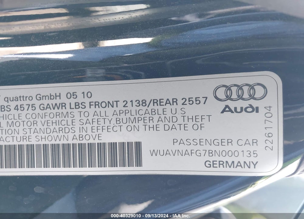 2011 AUDI R8 5.2 VIN: WUAVNAFG7BN000135