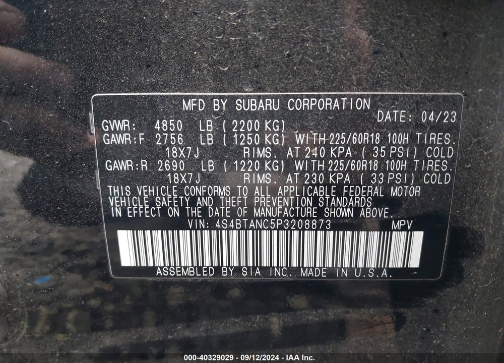 2023 SUBARU OUTBACK LIMITED VIN: 4S4BTANC5P3208873