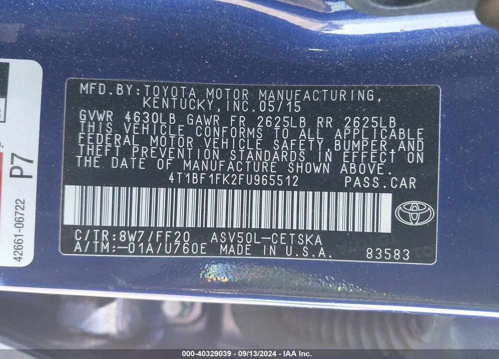 2015 TOYOTA CAMRY SE VIN: 4T1BF1FK2FU965512