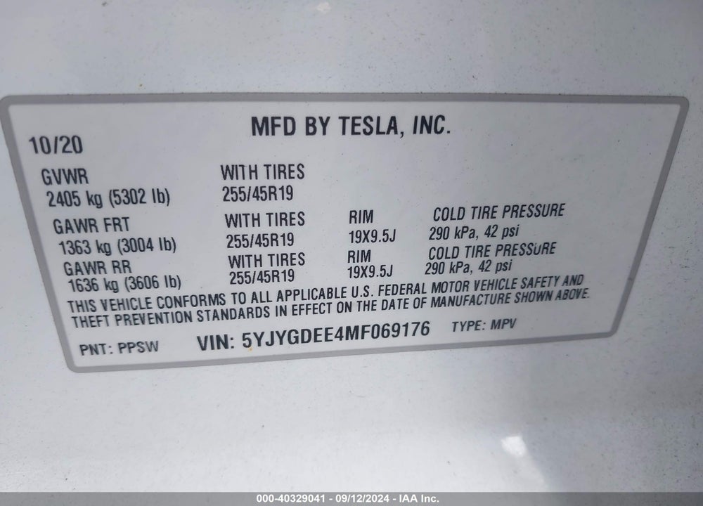 2021 TESLA MODEL Y LONG RANGE DUAL MOTOR ALL-WHEEL DRIVE VIN: 5YJYGDEE4MF069176