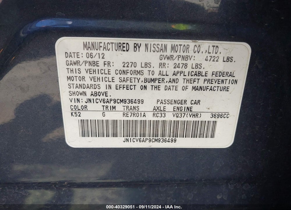 2012 INFINITI G37 JOURNEY VIN: JN1CV6AP9CM936499