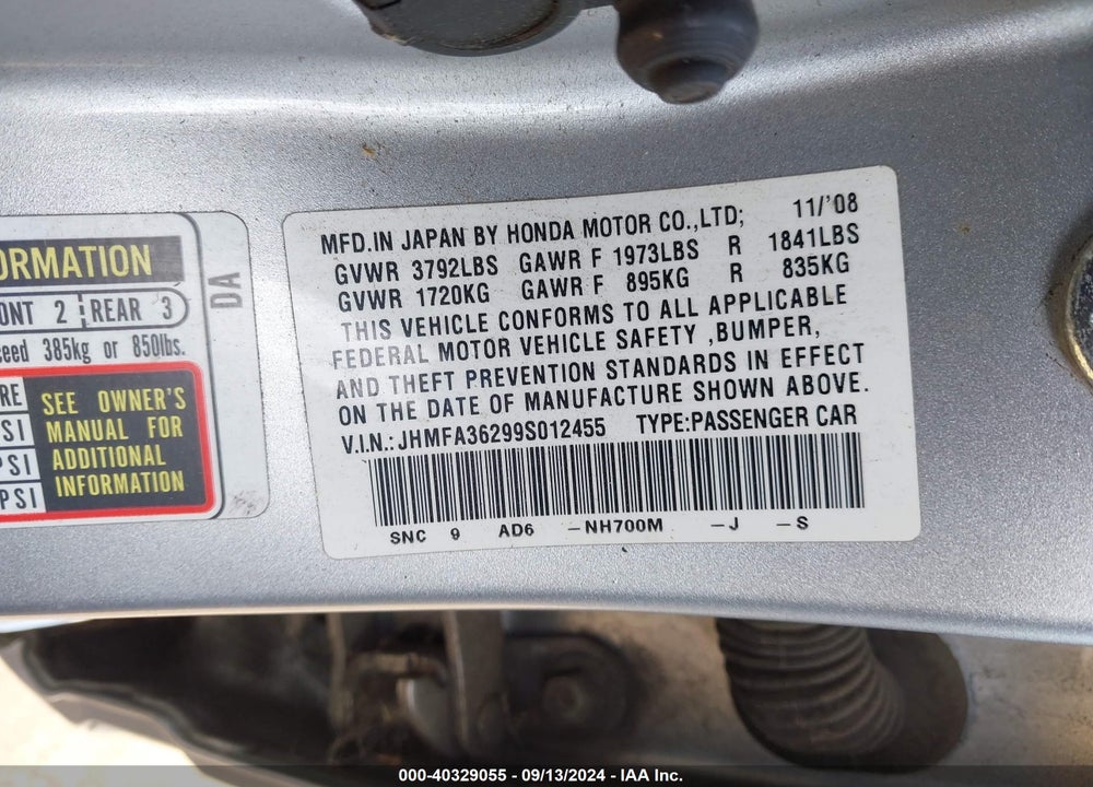 2009 HONDA CIVIC HYBRID VIN: JHMFA36299S012455