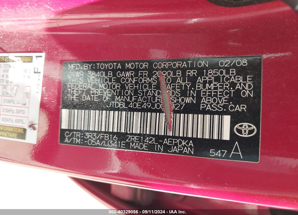 2009 TOYOTA COROLLA VIN: JTDBL40E49J009827