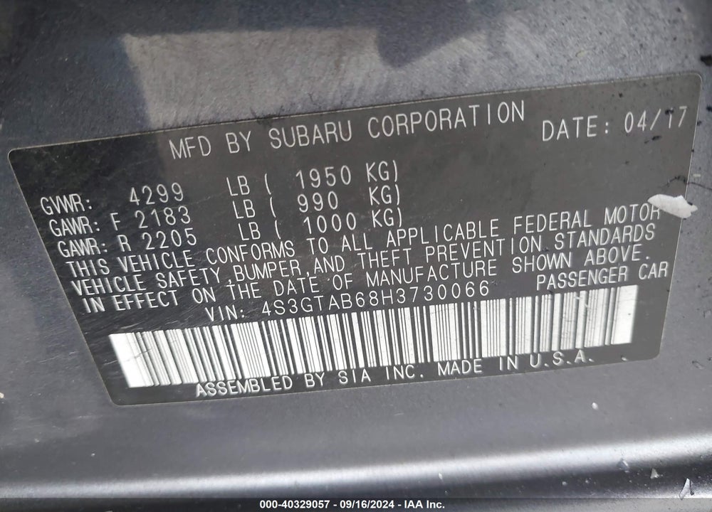 2017 SUBARU IMPREZA 2.0I PREMIUM VIN: 4S3GTAB68H3730066