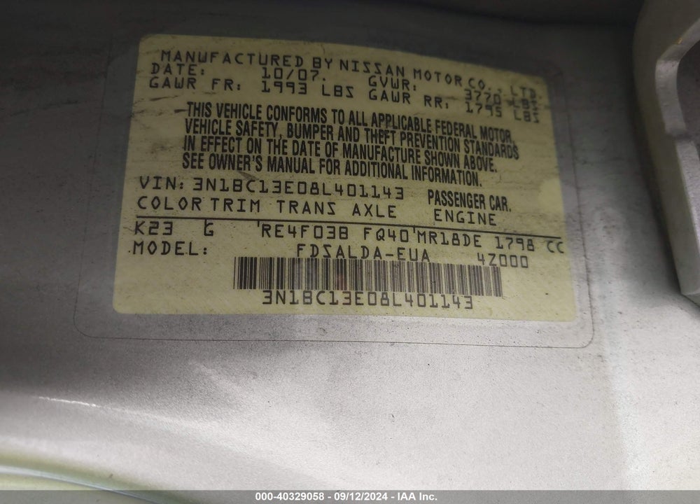 2008 NISSAN VERSA 1.8S VIN: 3N1BC13E08L401143